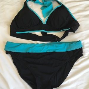 Black and Teal Halter Bikini